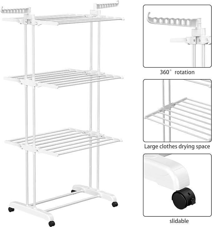 HOMIDEC Clothes Drying Rack, Large 4-Tier Foldable Drying Rack Clothing(67.7H x 19.7W x 30L Inches), Movable Drying Rack with 4 castors. Multifunctional Stainless Steel Laundry Drying Rack, White-Ruum Studio Home