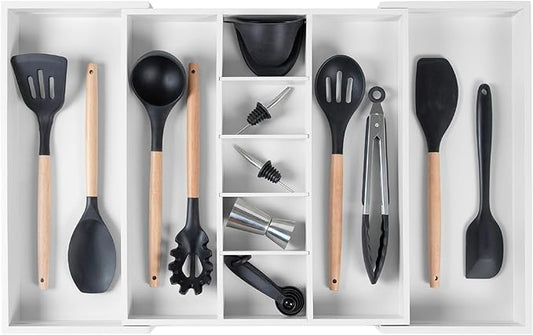 Adjustable Kitchen Drawer Organizer for Utensils and Junk, Food-Safe Contract Grade with 100% Sustainable Wood, Expandable from 16 to 28 Inches Wide - White Bamboo-Ruum Studio Home