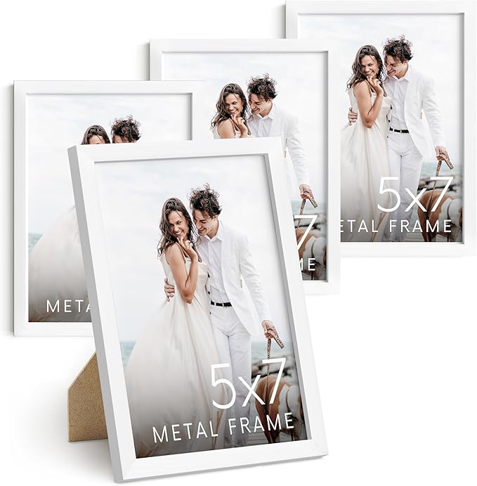 HAUS AND HUES 5x7 White Metal Picture Frames - Photo Frames 5X7 - Features Premium Aluminum, Vertical Hanging, Easel Back for Tabletop, Home, Office (5x7 in, White, Set of 4)-Ruum Studio Home