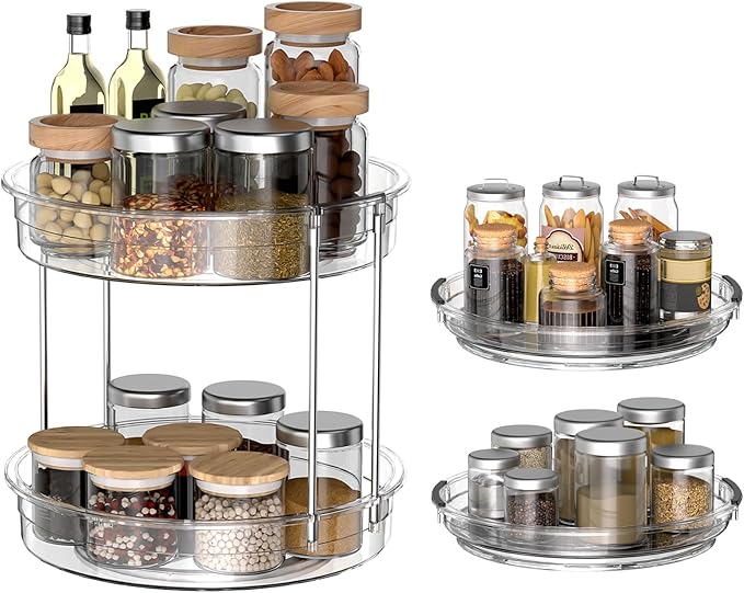 2 Pack Lazy Susan Organizer 9.25''and 11.81'' Two-Tier Lazy Susan Turntable for Cabinet, Spice Rack, and Pantry Storage - Spinning Makeup Organizer for Bathroom, Clear-Ruum Studio Home