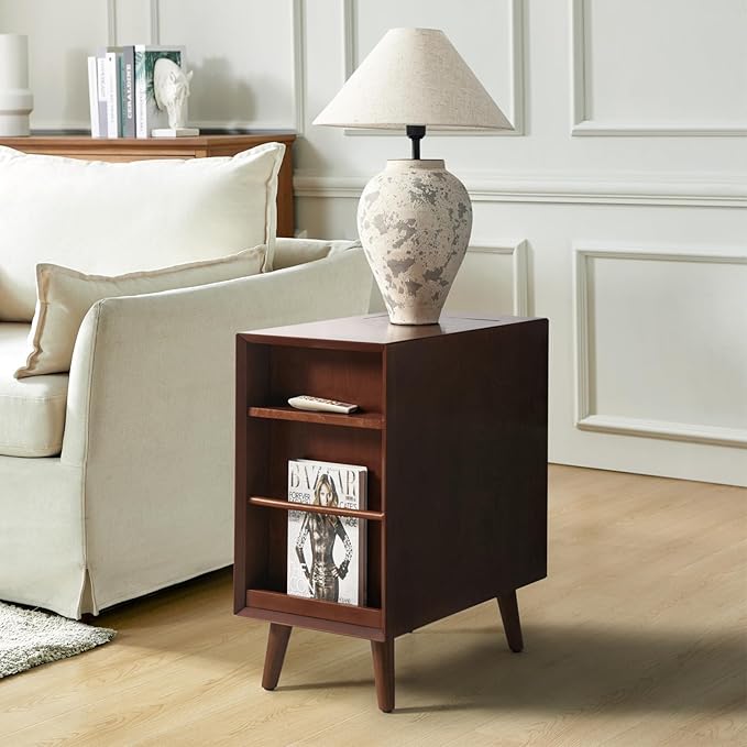HULALA HOME End Table with Drawer and Charging Station, Modern End Table with USB Ports and Outlets, Wooden Side Table with Storage-Walnut-Ruum Studio Home