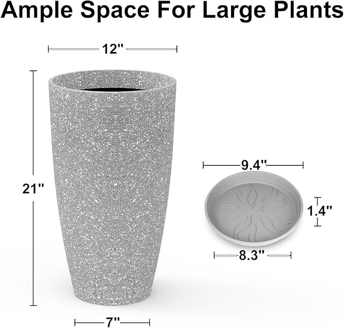 Tall Flower Pot Indoor - Outdoor Plant Pot - Gray Rough Planter - Elegant Stone Imitation - 12" Diameter 21" Tall with Drainage Holes and Saucer-Ruum Studio Home
