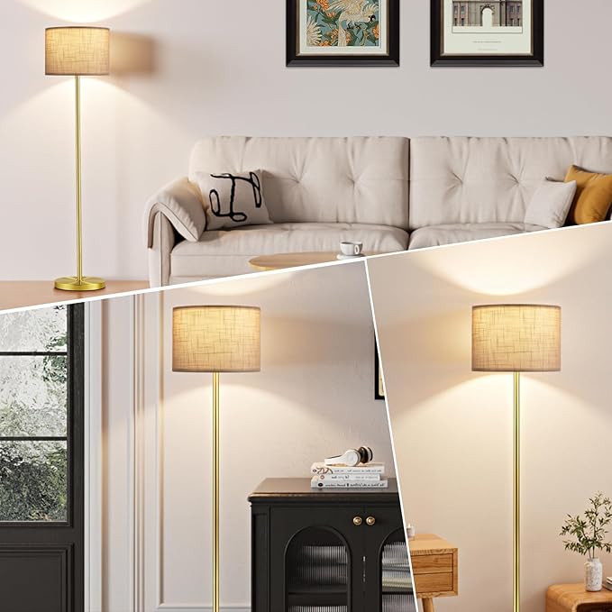 Ambimall 60'' Modern Floor Lamp with Shade, Tall Lamps for Living Room, Bedroom, Office, Dining Room, Linen Grey Shade with Brushed Gold Pole(Without Bulb)-Ruum Studio Home