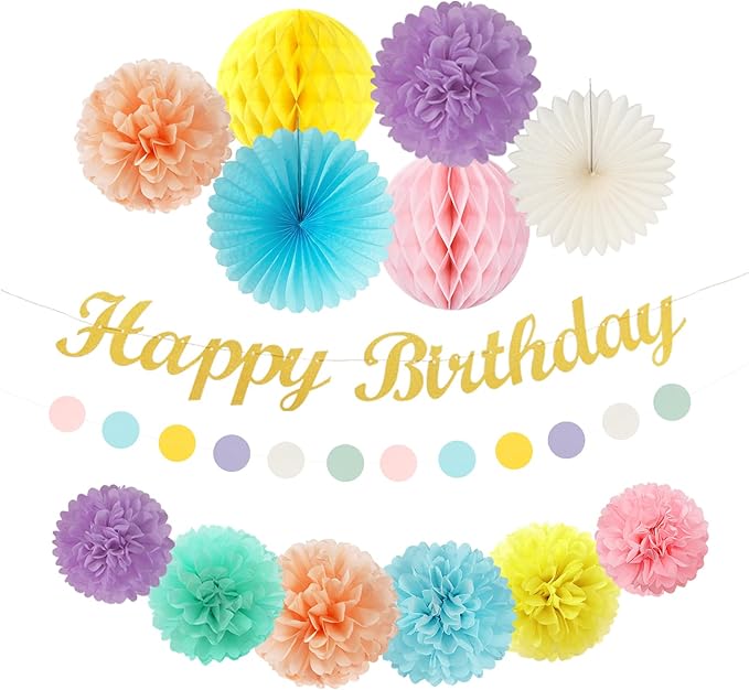 Pastel-Rainbow Colorful Birthday Party-Decorations Paper-Flowers - 14pcs Happy Banner Carnival Theme Lanterns Tissue Pom Poms,Macaron Streamers Garland Fans Honeycomb Hanging Supplies Decor Hugfond-Ruum Studio Home