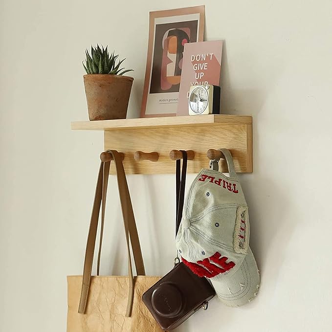 Entrance Coat Rack ，Coat Hooks, Wall-Mounted Wooden Hook Rack, Wall-Mounted Shelves are Very Suitable (Oak Colored Finish-2)-Ruum Studio Home