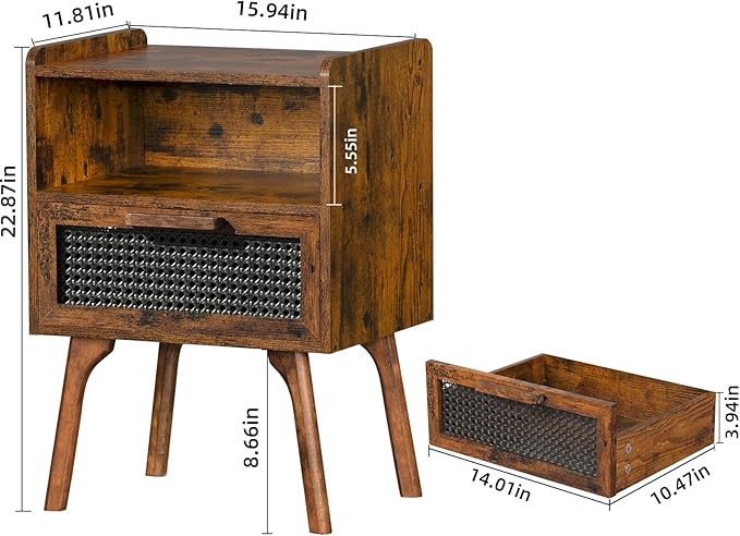 Lerliuo Rattan Nightstand, Boho Side Table with Drawer Open Shelf, Cane Accent Bedside End Table with Solid Wood Legs for Bedroom, Dorm and Small Spaces (Brown)-Ruum Studio Home