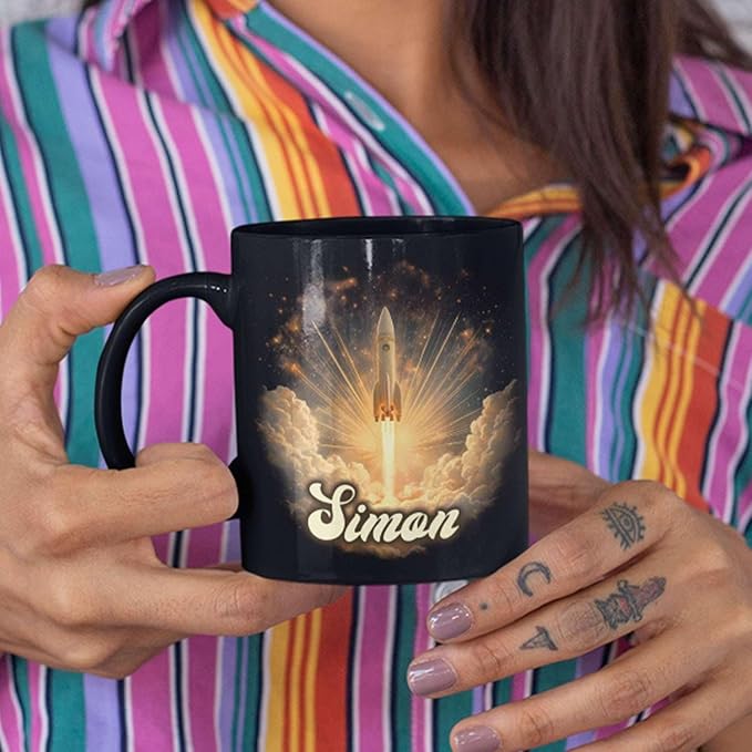 Sci-Fi Inspired Ceramic Mug for Men, Custom Name Coffee Mug 11oz or 15oz, Personalized Rocket Enthusiast Black Cup, Custom Vibrant Rocket Coffee Cup, Gifts for Astronaut Fans-Ruum Studio Home