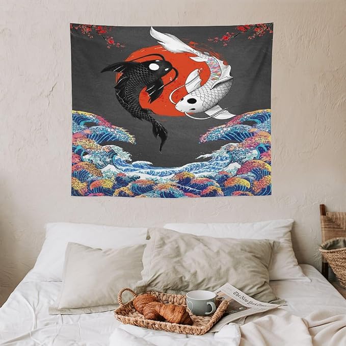 Houselerax Japanese Koi Fish Tapestries, Yin Yang Big Wave Cherry Blossom Tapestry Wall Hanging for Bedroom Living Room Office Decor 60"x50"-Ruum Studio Home