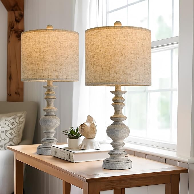 BOBOMOMO 24" Farmhouse Retro Table Lamp Set of 2, Traditional Resin Lamps for Living Room Bedroom, Vintage Bedroom Lamps with Linen Shades, Rustic Table Lamps for Living Room, Nursery, Office-Ruum Studio Home