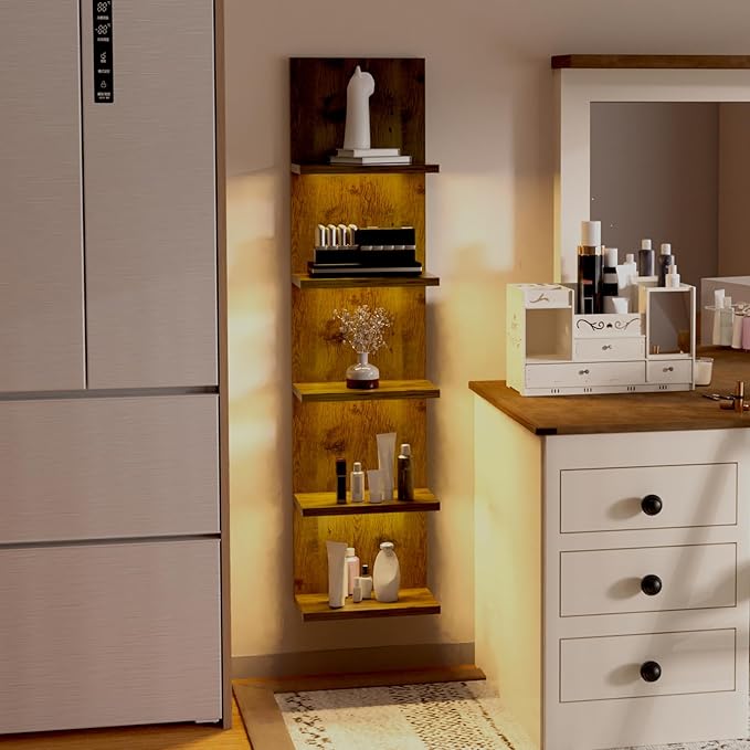 5 Tier Wall Shelf Unit, Modern Vertical Lack Wall Shelves with Light, Wall Mount, Floating Column Home Decor Shelves for Bedroom, Living Room, Vanity Storage Display(Dark Brown)-Ruum Studio Home