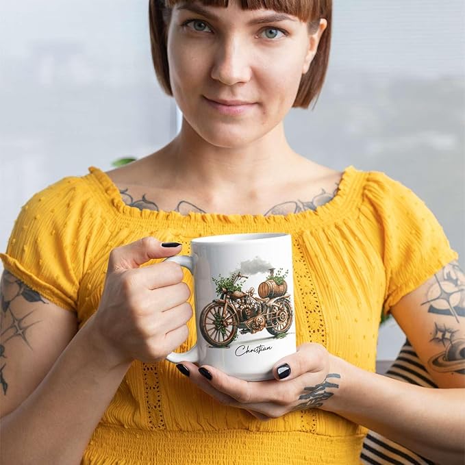Customized Steampunk Motorcycle Mug With Vintage Design, Personalized Choose Name Coffee Cup 11oz Or 15oz, Custom Steampunk Mug, Unique Steam Engine White Ceramic Mug, Gift For Dad-Ruum Studio Home