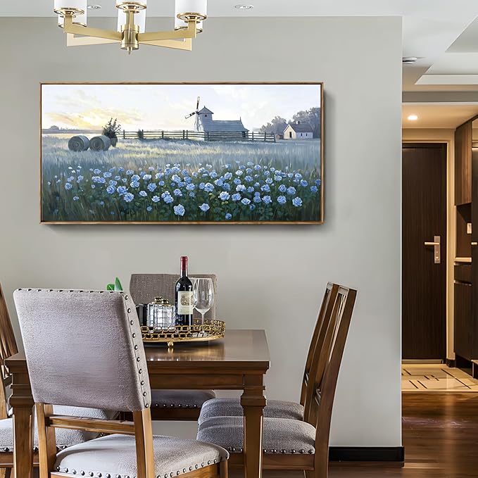 amatop Large Framed Country Landscape Wall Art – Blue Floral Canvas Art Print Vintage Rustic Farmhouse Picture Sunset Nature Artwork Wall Decor for Bedroom Dining Room Office Entryway 48x24 Inch-Ruum Studio Home