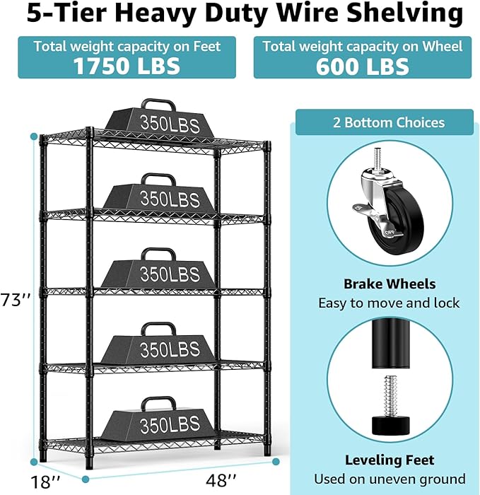 5-Shelf Storage Shelves,Wire Shelving Heavy Duty Metal Storage Shelving Unit Adjustable Garage Shelving Rack Pantry Kitchen (Black, 5 Tier,17.7" D x 47.2" W x 76.7" H)-Ruum Studio Home