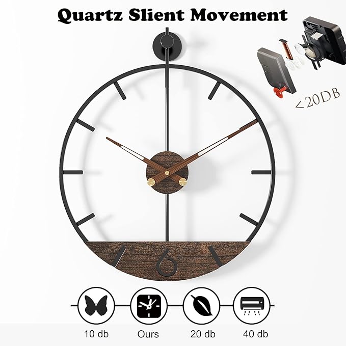 Modern Wood Walnut Dial Wall Clock, Large Simple Wall Decor Metal Frame Silent Non Ticking Clock for Living Room Decor, Kitchen, Bedroom, Study Decoration, Handmade Home Gift Idea, 15.8 in-Ruum Studio Home