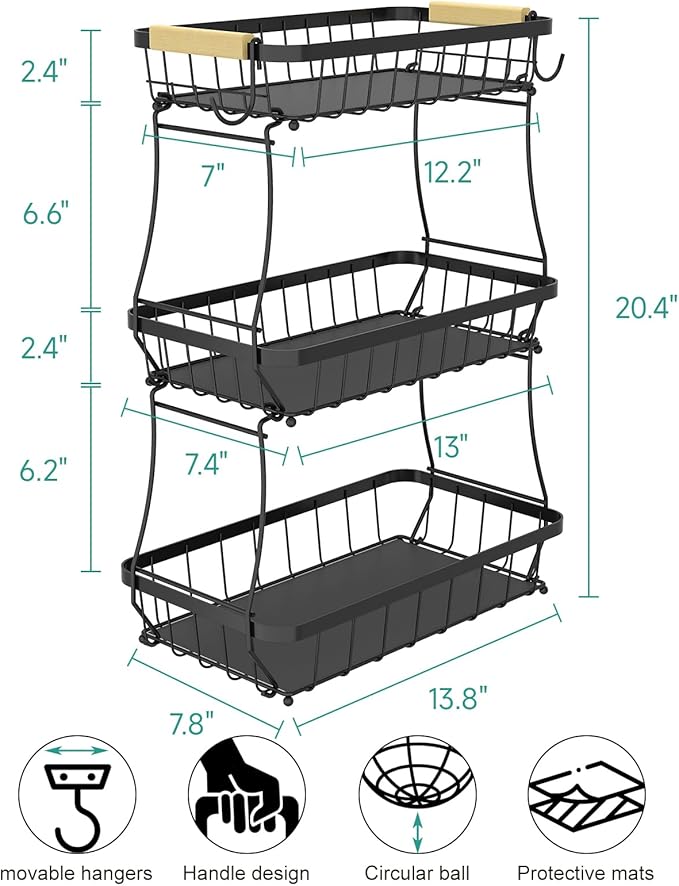 3 Tier Fruit Basket for Kitchen Counter with 2 Mobile Banana Hangers, 2025 Pro Detachable Metal Fruit Bowl with Wooden Handle, Fruit Holder for Bread Snack Veggies with Protective Mats-Ruum Studio Home