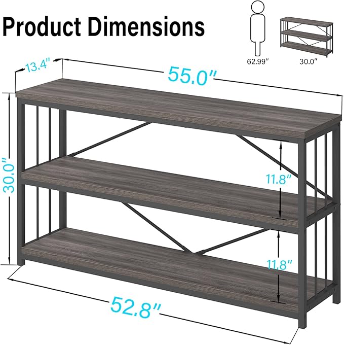LVB Industrial Console Table, Metal and Wood Sofa Table, Rustic Entryway Table with Storage, Modern 3 Tier Shelf Long Foyer Tables Behind Couch for Home Living Room Hallway, Dark Gray Oak, 55 Inch-Ruum Studio Home