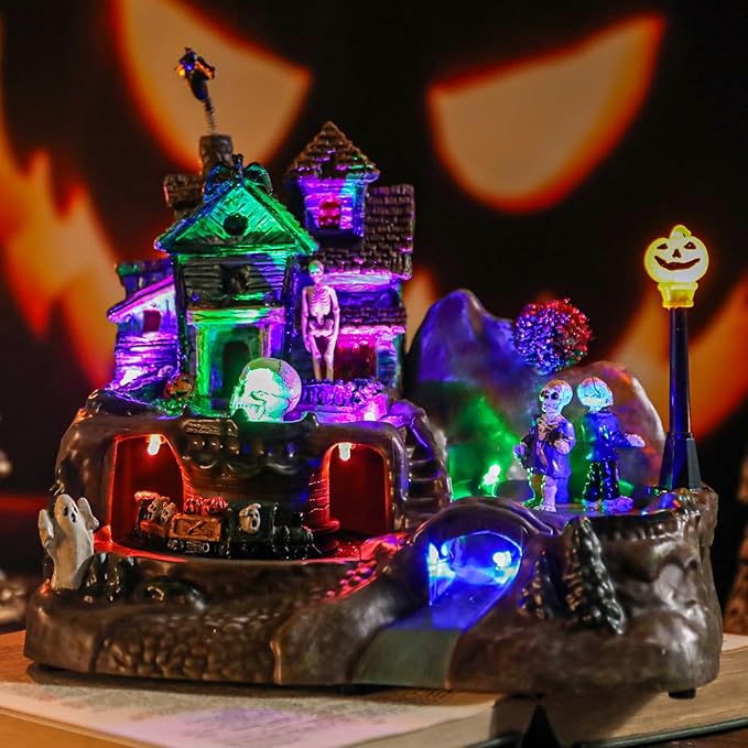 DREAM GARDEN Halloween Village Collection, Lighted Spooky Haunted House with Animated Train and Scary Sound Halloween Collectible Bulidings with Skull, Pumpkin, Ghost for Holiday Party Tabletop Decor-Ruum Studio Home