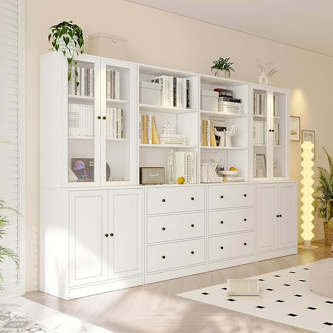 TUSY 71" Bookshelf Bookcase, 3-Tier Modern Bookshelves 3 Large Drawer, Wood Filing Cabinet with Open Storage Shelf, Glass Doors 5-Tier Fixed Storage Shelves for Home Office-Ruum Studio Home