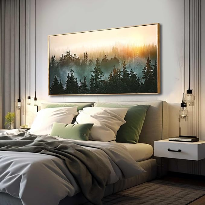 Living Room Wall Art Sunrise Misty Forest 24"x48" Modern Home Wall Decor Plants Wall Decorations Framed Artwork for Bedroom Dining Room Office Hotel-Ruum Studio Home