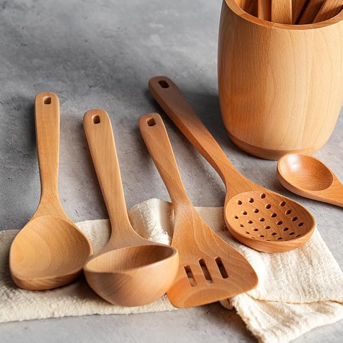 11 PCS WOSPONFAN Kitchen Utensils Set - Wooden Spoons for Cooking, Natural Beech Wood Wooden Utensils - Includes Wooden Spoons, Spatula Set, Slotted Spoon - Handmade Wooden Spoon Set-Ruum Studio Home