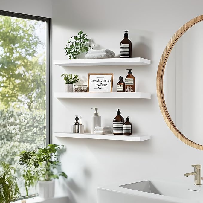 3-Pack Floating Wall Shelves, 24-Inch Rustic White Wooden Shelves for Storage and Décor, Easy Installation for Living Room, Bedroom, and Kitchen-Ruum Studio Home