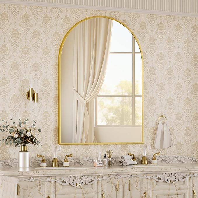 BEAUTYPEAK 30"x40" Arch Bathroom Mirror, Wall Mounted Vanity Metal Frame Mirror for Bedroom, Entryway, Living Room, Gold-Ruum Studio Home