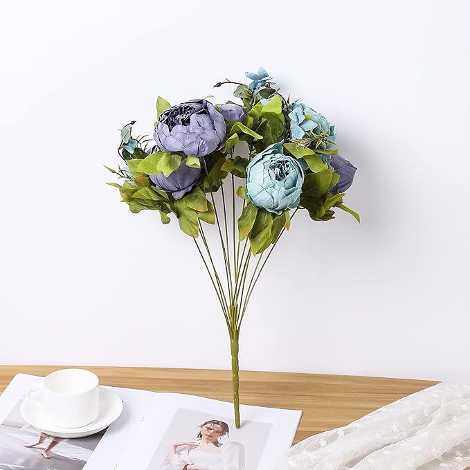 Duovlo Fake Flowers Vintage Artificial Peony Silk Flowers Wedding Home Decoration,Pack of 1 (New Grey Blue)-Ruum Studio Home