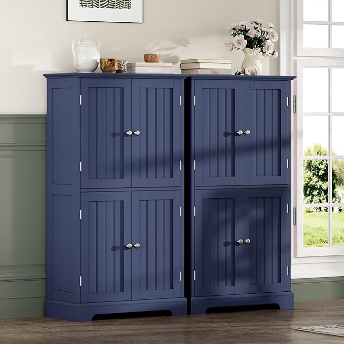 ChooChoo Bathroom Floor Cabinet, Modern Bathroom Storage Cabinet with 4 Doors and Adjustable Shelves, Freestanding Cupboard for Living Room, Navy Blue-Ruum Studio Home