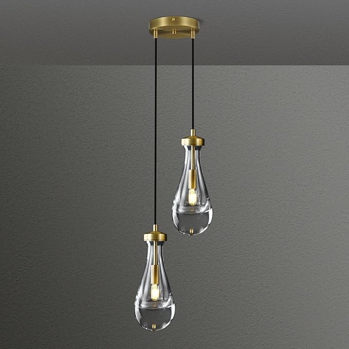 Brass Raindrop Pendant Lights Kitchen Island 2-Light, Cluster Gold Pendant Light Fixture for Bedroom, Dimmable Dining Room Light Fixture Hanging Pendant Lighting Ceiling Chandelier for Foyer-Ruum Studio Home