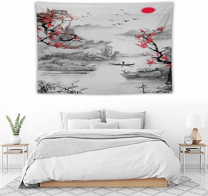 Cherry Blossoms Tapestry, Japanese Red Landscape Watercolor Abstract Art, Asian Japanese Wall Tapestry, Nature Landscape Tapestries for Bedroom Living Room Decor 90"x60"-Ruum Studio Home