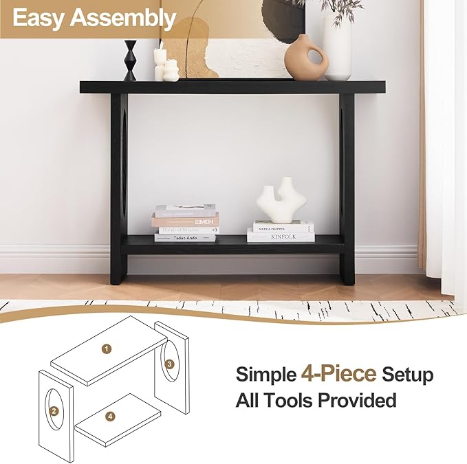 BECHAEO 47-Inch Modern Narrow Console Tables with Solid Wood Veneer - 2’’ Thickened Tabletop, 2-Tier Slim Sofa Table Behind Couch, Rectangle Entryway Table for Hallway Living Room, Black Oak-Ruum Studio Home