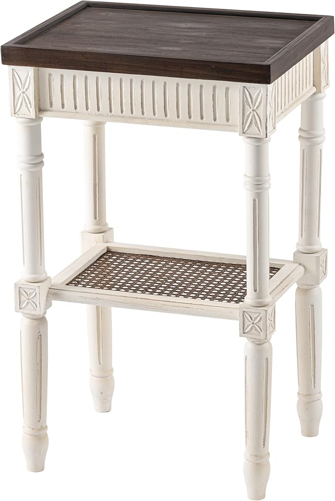 Rustic Farmhouse Cottagecore Accent End Table Set of 2, Distressed Accent Side Table with Espresso Tray Top and Woven Wicker Shelf, Boho, French Country Decor, Square, Weathered Brown & White-Ruum Studio Home