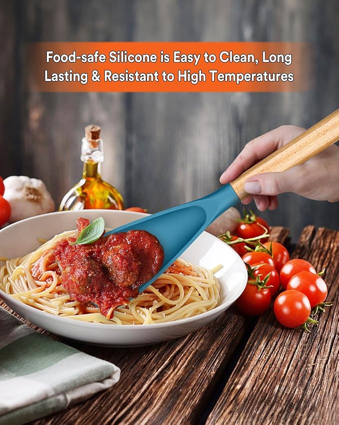 Cooking Spoon for Nonstick Cookwares, Great for Cooking and Serving Sturdy BPA-Free Matte Silicone, Wood Handle Spoon for Mixing, Scoop, and Scrape (Khaki & Turquoise, 13.4 inch)-Ruum Studio Home