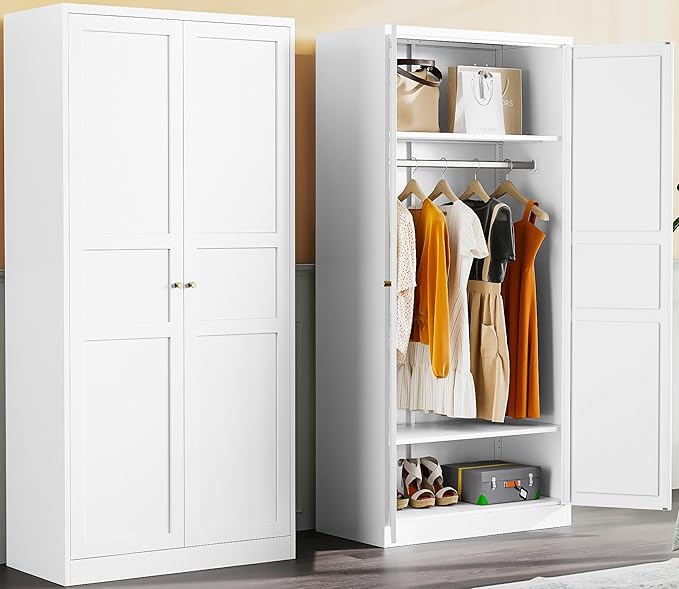 Metal Wardrobe Cabinet with Hanging Rod,White Armoire Wardrobe Closet,Metal Clothing Storage Cabinet with Adjustable Shelves and Doors,72" Wardrobes Storage Cabinet for Home,Living/Laundry Room-Ruum Studio Home