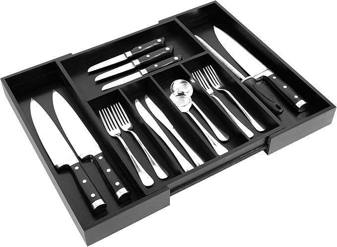 VaeFae Premium Bamboo Drawer Organizer, Expandable Silverware Drawer Organizer, Cutlery Tray with Dividers for Kitchen Utensils (Black, Large)-Ruum Studio Home