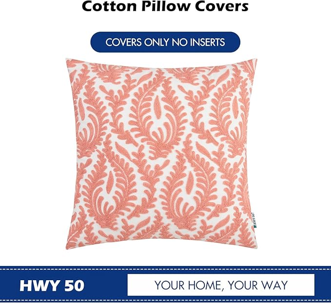 HWY 50 Coral Pink Decorative Throw Pillow Covers 18x18 Inch (1 Piece), Embroidered Cotton Farmhouse Cushion Cover Pillow Case for Sofa Couch Living Room Bed Bedroon, Floral Branches-Ruum Studio Home