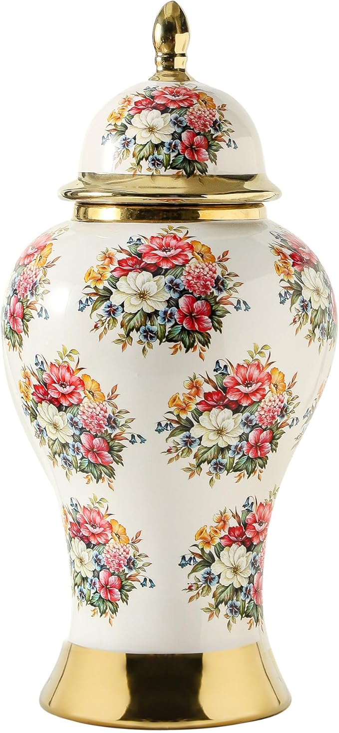 Ginger Jars for Home Decor, White Gold Ceramic Vase with Colorful Floral Pattern, Handmade Decorative Flower Vase with Lid for Home, Kitchen, Office, Table, Bookshelf, Mantle Fireplace,(18in)-Ruum Studio Home