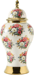 Ginger Jars for Home Decor, White Gold Ceramic Vase with Colorful Floral Pattern, Handmade Decorative Flower Vase with Lid for Home, Kitchen, Office, Table, Bookshelf, Mantle Fireplace,(12in)-Ruum Studio Home