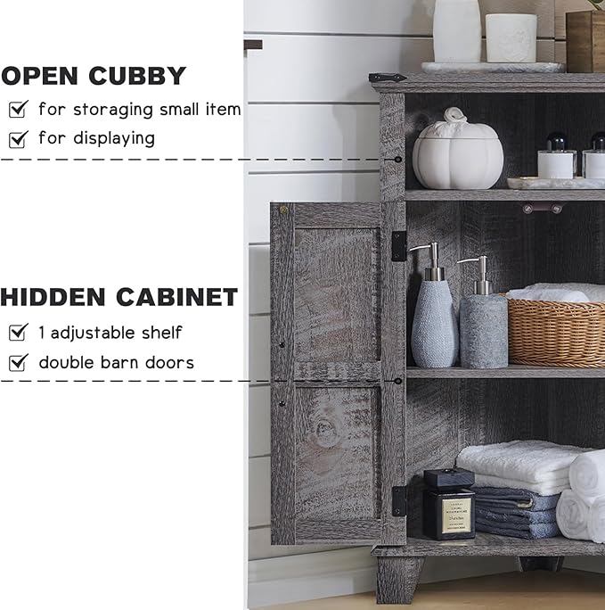 Corner Bathroom Cabinet, Farmhouse Small Corner Cabinet with Barn Door & Adjustable Shelf, Storage Cabinets for Bathroom, Kitchen, Living Room, Grey Wash-Ruum Studio Home