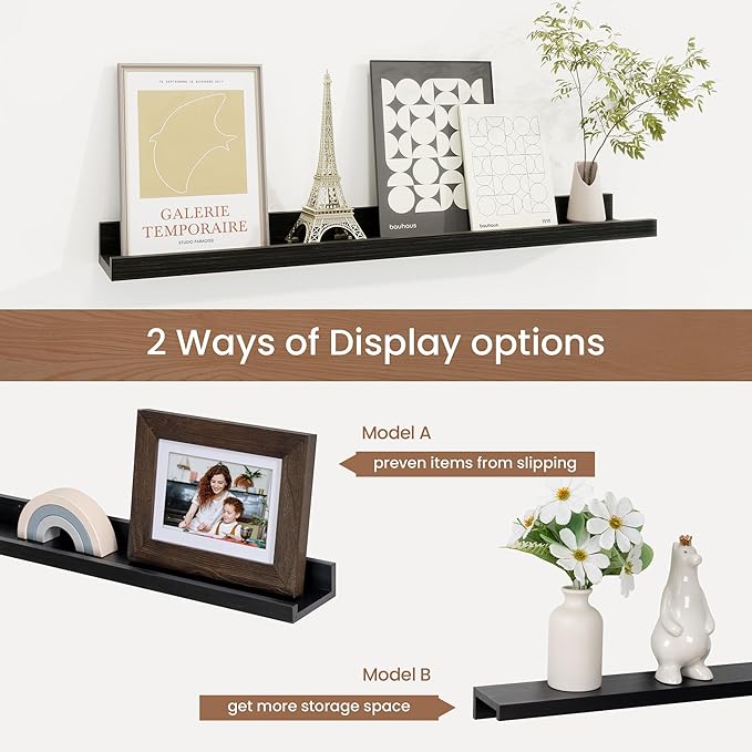 Picture Ledge Shelf, Solid Pine Wood Floating Shelves Set of 2, 24 Inches Nursery Book Shelves for Toys Storage, Kids Bookshelf Wall Mounted for Living Room Bedroom Decor Books Photo Frames, Black-Ruum Studio Home