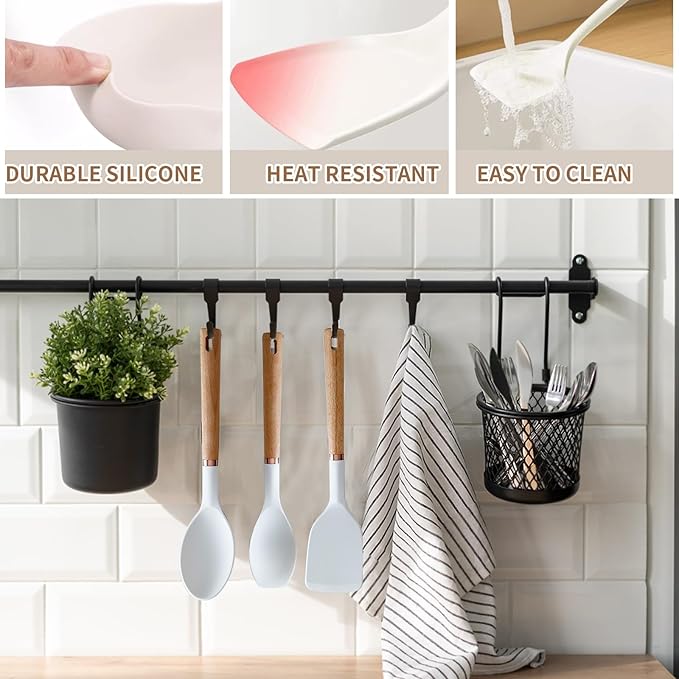 13-Piece silicone utensil set wood handle nonstick cookware safe dishwasher safe kitchen tools BPA free heat resistant (450°F/230°C) ceramic pan safe cooking gifts housewarming (White)-Ruum Studio Home