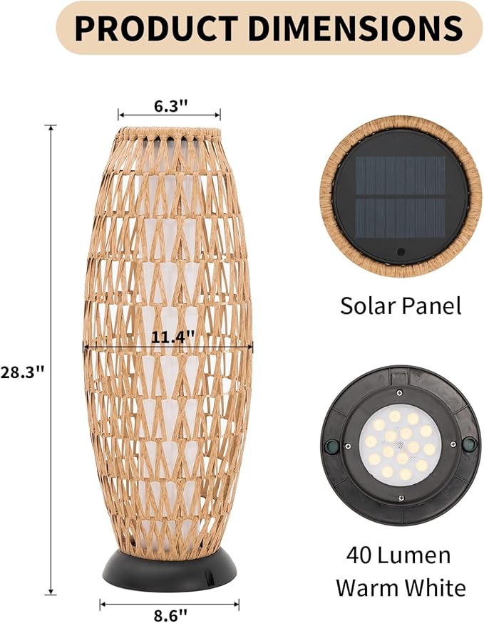 Large Patio Solar Powered Lantern for Garden Outdoor Decorative Floor Lamp Water-Resistant Wicker Lights for Deck Backyard-Ruum Studio Home