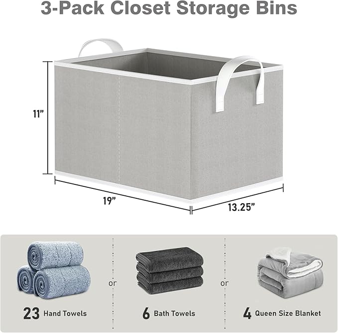 Closet Storage Bins, Fabric Closet Organizers and Storage Basket for Shelves, Collapsible Shelf Baskets for Organizing Shelves, Bedroom Clothes Basket, Gray, 3 Pack-Ruum Studio Home