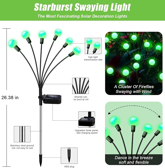 Solar Garden Lights Outdoor, 4 Pack 24LED Waterproof Solar Powered Lights for Yard Pathway Patio, Swaying Lawn Decor as Gardening Gifts for Women Holiday(4 Pack Green)-Ruum Studio Home