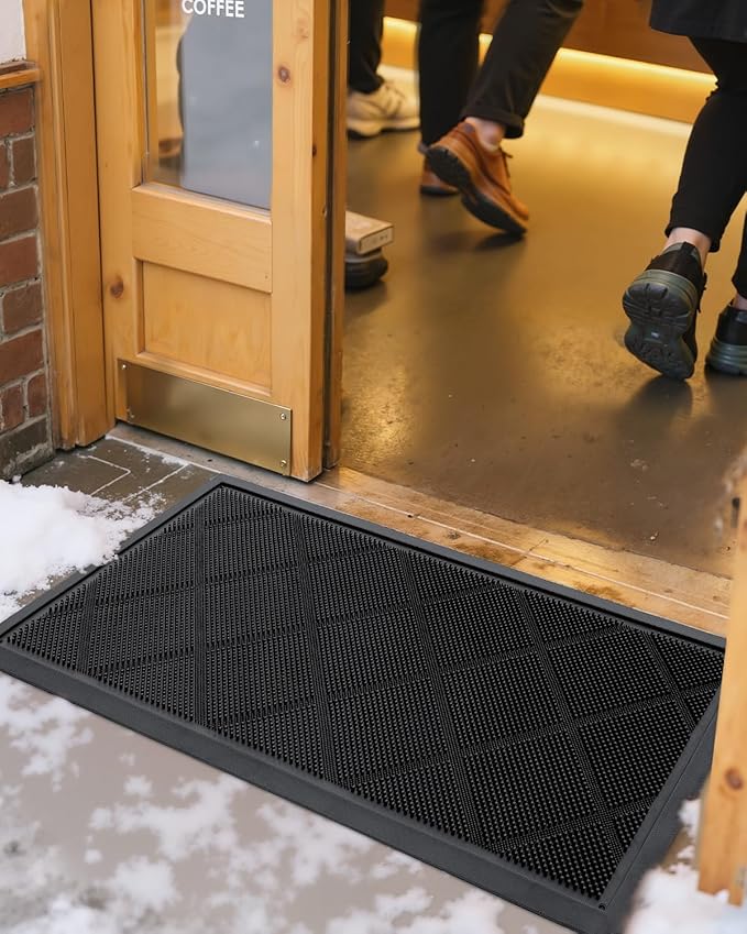 DEXI Front Door Mats Outside Entrance, 17x36 Rubber Waterproof Dirt Trapping Entry Mat for Entryway, Heavy Duty Non-Slip Low-Profile Welcome Doormat All Weather for Patio, Black-Ruum Studio Home