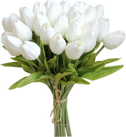 Mandy's Artificial Tulips 28 Stems White PU Faux Flowers for Wedding Home Decor 13.5 Inch-Ruum Studio Home
