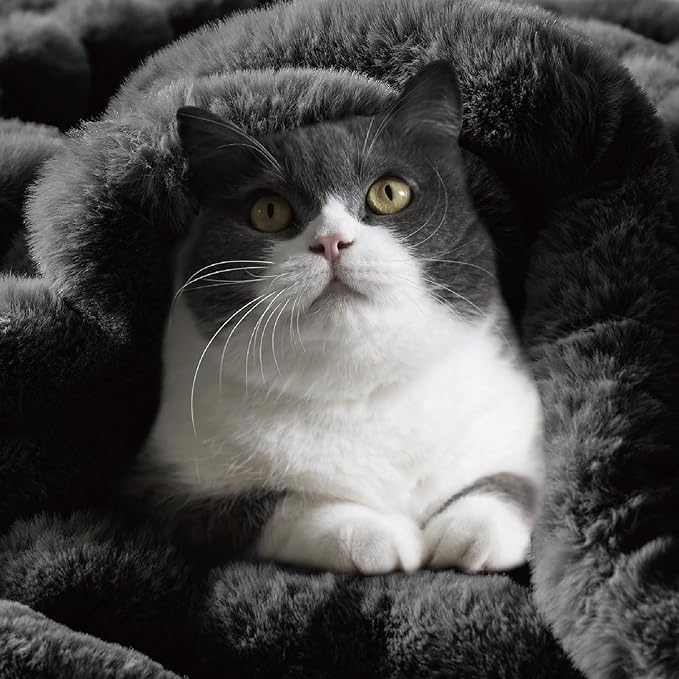BEDELITE Faux Fur Throw Blanket for Couch, Soft and Cozy Luxurious 3D Striped Fluffy Blanket, 770GSM Thick Warm Plush Fuzzy Faux Rabbit Fur Blanket for Women Gift (Black, 50"x 60")-Ruum Studio Home