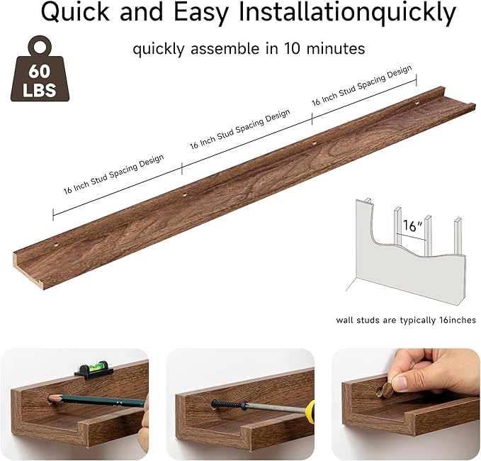 Floating Picture Ledge Shelves for Wall Set of 2, 72 Inches Picture Ledge Shelf with Long Large Nursery Book Shelf for Toys Storage Kids Bookshelf Wall Mounted Living Room Bedroom Decor Frames, Walnut-Ruum Studio Home