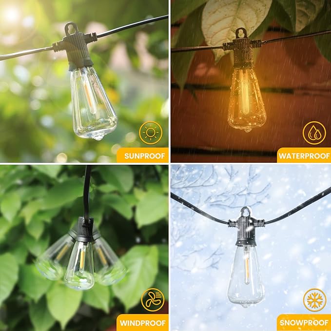LED Outdoor String Lights, 50 FT Waterproof Patio Lights with 25+2 ST38 Vintage Edison Shatterproof Bulbs, Connectable Dimmable Hanging Lights for Backyard Bistro Cafe Garden Gazebo - Warm White-Ruum Studio Home