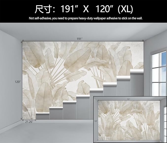 Banana Leaf Wallpaper Beige Tropical Plants Leaves Wall Mural Living Room Bedroom (Not Peel and Stick)-Ruum Studio Home